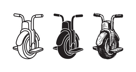 Electric Unicycle (Monowheel) Icons Set with Handlebars: Outline, Solid, and Sketchy Styles © Ірина Гринюк
