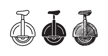 Electric Unicycle (Monowheel) Icons Set without Handlebars: Outline, Solid, and Sketchy Styles © Ірина Гринюк