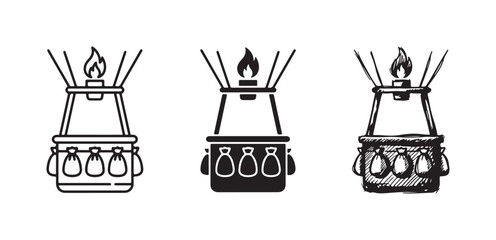 Hot Air Balloon Burner and Basket with Sandbags Icon Set in Outline, Solid, and Hand-Drawn Sketch Styles © Ірина Гринюк