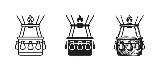Hot Air Balloon Burner and Basket with Sandbags Icon Set in Outline, Solid, and Hand-Drawn Sketch Styles © Ірина Гринюк