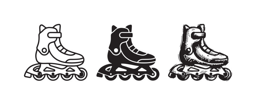 Inline Skate Icons Set: Outline, Solid Black, and Hand-Drawn Sketchy Styles