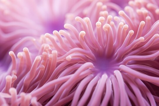 Close-up of a pink sea anemone with soft tentacles and pale tips in an underwater scene