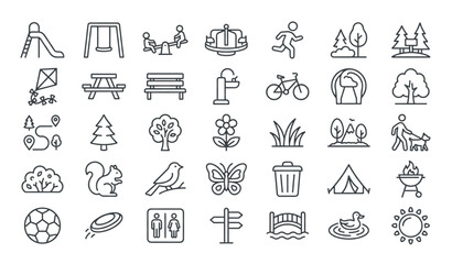 Fototapeta premium Park Editable Stroke Icon Set with Playground Children Nature Recreation and Outdoor Symbols
