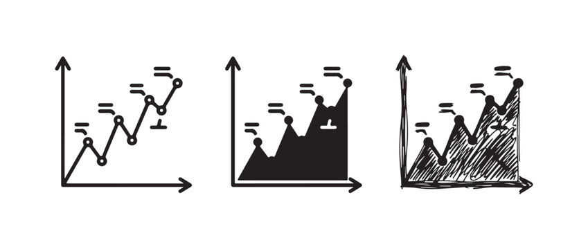 Three area graph icons, depicting fluctuating trends with markers and labels, rendered in outline, solid filled, and hand-drawn sketch variations.