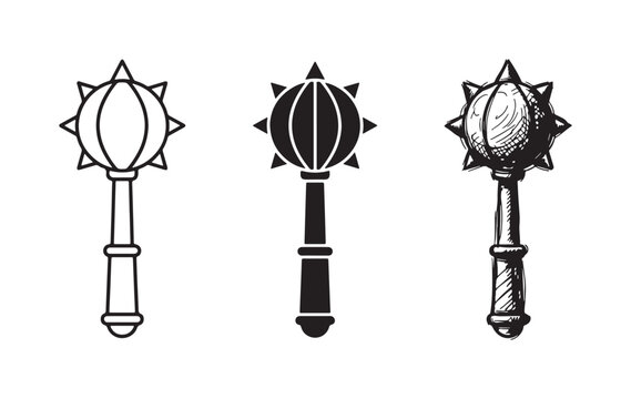 Mace or flail weapon icon in outline, solid, and sketch styles