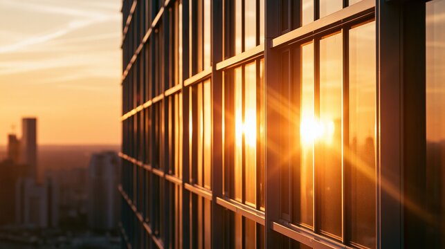 Close up of modern skyscraper glass facade with bright golden sunset sun shining through window frames creating warm light flare over blurred cityscape