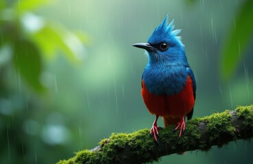 Fototapeta premium Bright blue and red bird sits on mossy branch. Rain falls on lush green foliage. Wildlife in natural habitat during downpour. Small creature rests calmly.