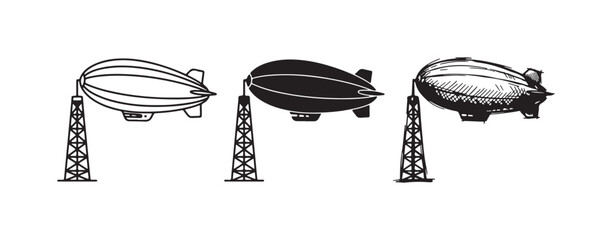 Airship or blimp icon set docked at a mooring mast, shown in outline, solid, and hand-drawn sketch styles © Ірина Гринюк