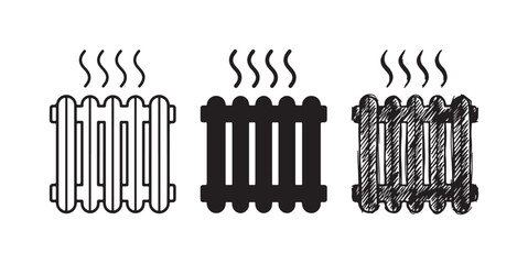 Obraz premium Radiator heating icon set showing outlines, solid fill, and hand-drawn sketch styles with wavy lines for warmth