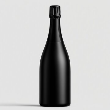 Blank pure black matte champagne sparkling wine bottle mockup standing on neutral light gray background ready for custom branding and label design