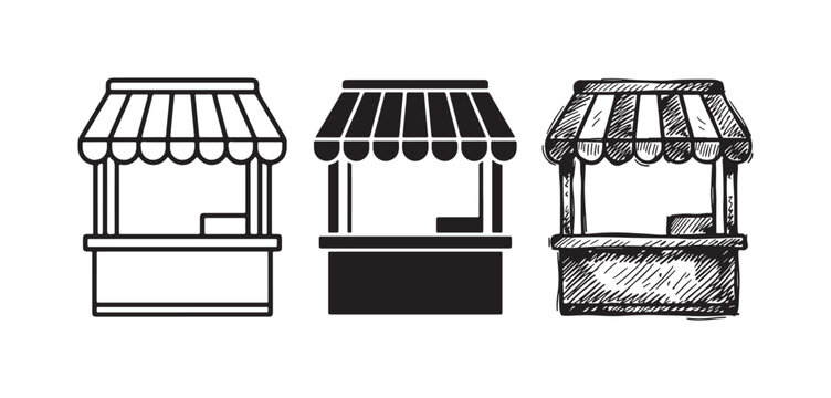 Market stall with counter icons set in three styles: outline, solid black, and hand-drawn sketchy, representing a retail kiosk or concession stand.