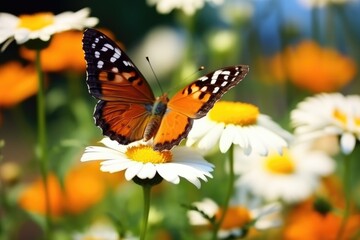 Naklejka premium Orange and black butterfly resting on a white daisy in a colorful wildflower meadow with blurred background