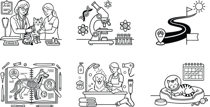 Veterinary care and pet grooming line icon set featuring cat checkup microscope dog bath and anatomy.