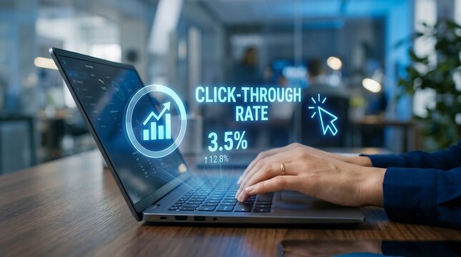CTR click through rate, digital marketing analytics, online advertising performance with laptop overlay