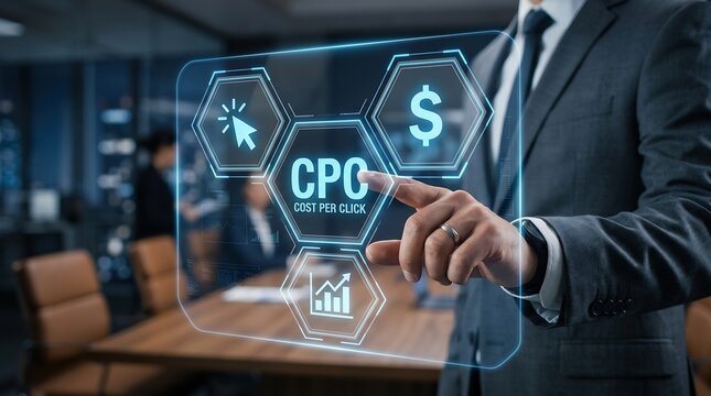 CPC cost per click, online advertising metrics, digital marketing finance with modern business interface