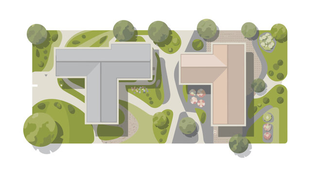 Top-down site plan displaying two distinct T-shaped building structures surrounded by lush trees, paved walkways, and beige and grey roof surfaces for residential development.