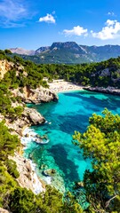 Obraz premium A serene coastal landscape with turquoise waters and lush greenery