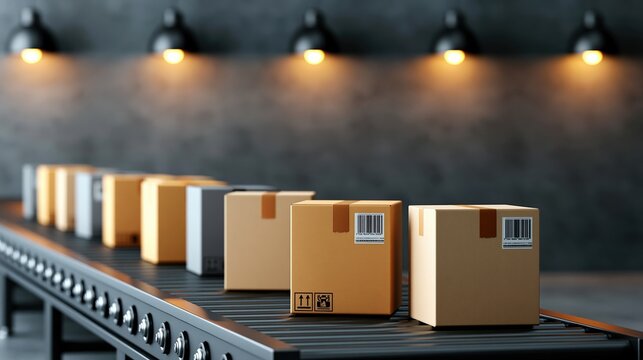 Conveyor belt with plain parcels halted in warehouse under matte wall lighting