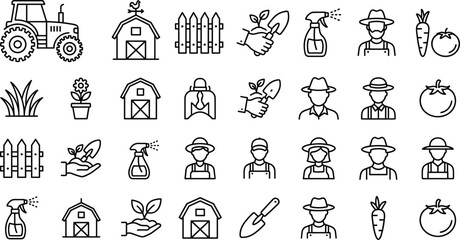 Farming and agriculture line icon doodle element set with tractor barn farmers gardening tools and vegetables vector © AKTAR