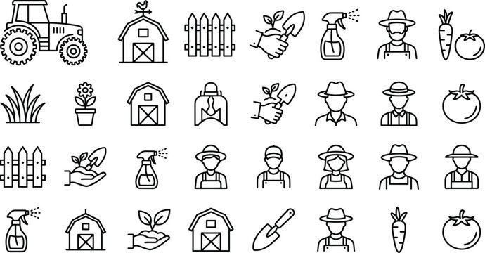 Farming and agriculture line icon doodle element set with tractor barn farmers gardening tools and vegetables vector