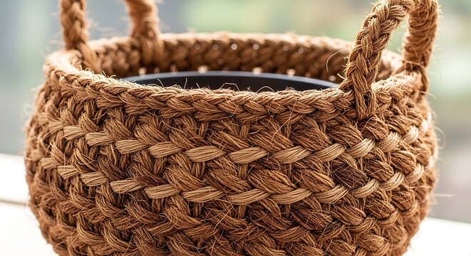 Handcrafted Coconut Coir Woven Basket Planter with Natural Texture and Rustic Artisan Design Close Up