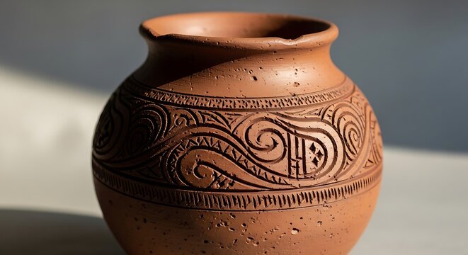 Handmade Rustic Clay Pot with Intricate Carved Ornament Pattern in Traditional Ceramic Craftsmanship Close Up