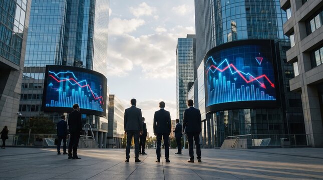 Modern financial district with anonymous business professionals observing large digital financial displays