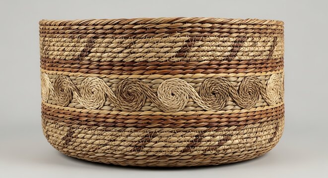 Handwoven Natural Fiber Basket with Intricate Spiral Pattern Isolated on Neutral Background for Rustic Home Decor and Storage Concept