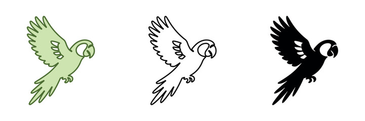 Stylized parrot in flight, simple outline and silhouette versions © Ophelia