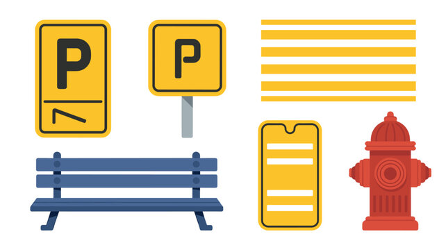 Collection of city street elements including yellow parking signage, a wooden park bench, red fire hydrants, and pedestrian crosswalk stripes for urban traffic and safety design projects.