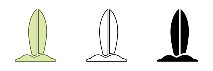 Surfboard standing upright in sand, simple graphic representation © Ophelia