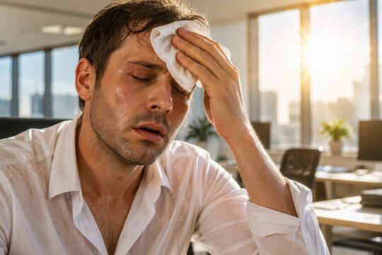 Exhausted office worker wiping sweat during extreme summer heat. Heat stress, overheating, workplace discomfort, hot weather, high temperature, and heat wave concept