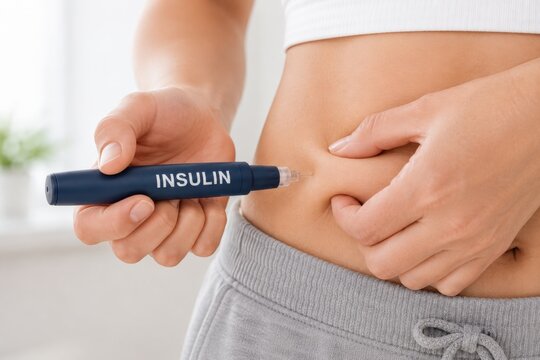 Close up of a person using an insulin pen for a subcutaneous injection. Diabetes treatment, blood sugar management, healthcare and chronic disease concept
