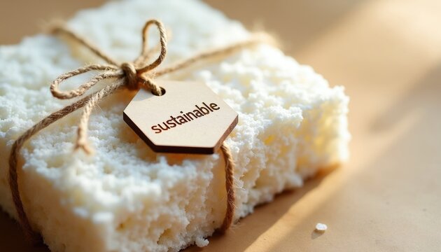 White biodegradable packaging material made from mycelium. It is tied with twine and has a wooden tag labeled sustainable. Eco-friendly product.