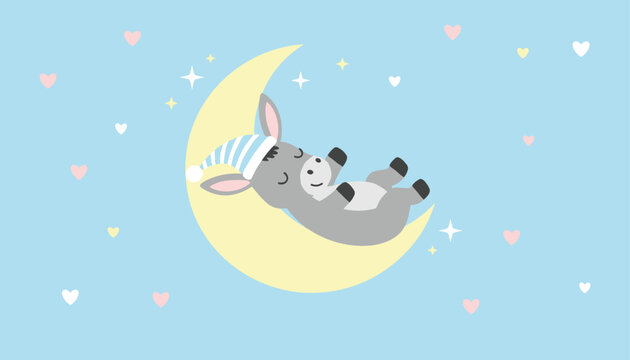Cute little donkey wearing a striped nightcap sleeping peacefully on a crescent moon surrounded by colorful hearts in a blue starry sky.