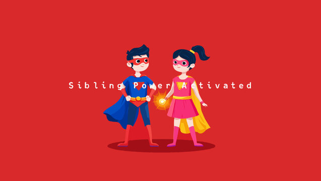 Cartoon illustration siblings wearing superhero costumes on red background