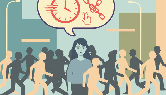 Stressed person feeling trapped in the fast-paced city life with a clock and chain symbol representing the burden of time and duty.