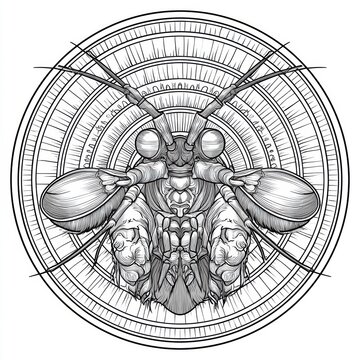A detailed design shows the face of a peacock mantis shrimp surrounded by concentric ornamental rings, created with fine black lines and no color.