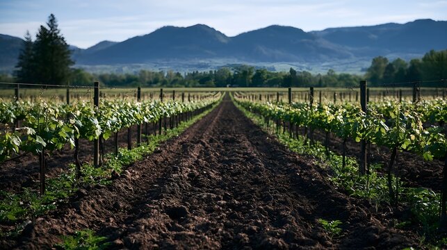 A bountiful vineyard landscape featuring rich dark soil and peaceful natural scenery