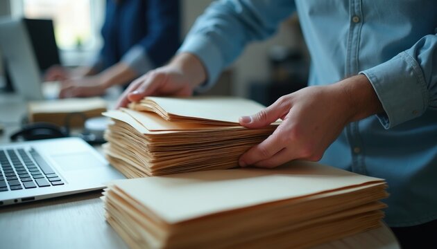 Person sorts stack of beige folders on office desk near laptop. Another worker uses computer in background. Man organizes paperwork. Document management workflow in business.