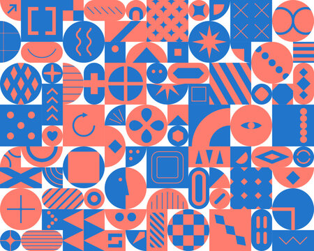 Blue coral geometric mosaic flat pattern with abstract shapes
