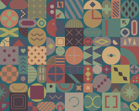 Vintage geometric mosaic flat pattern with earthy multicolor shapes