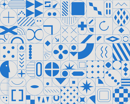 Blue and grey geometric mosaic pattern with flat abstract shapes