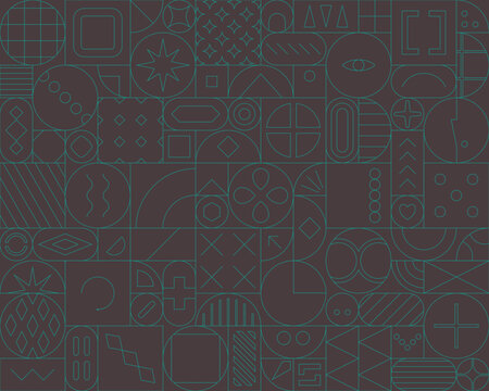 Dark geometric line art mosaic pattern with teal abstract symbols