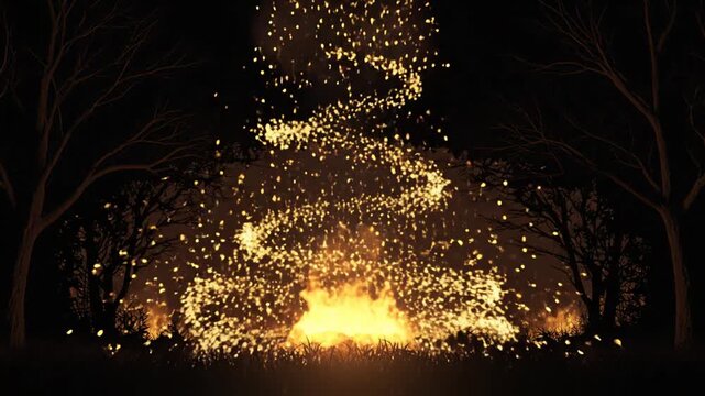 A dark forest silhouette, with a brilliant fountain of light, illuminating the barren trees