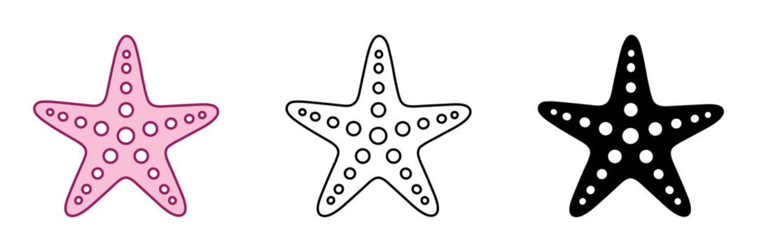 Collection of three starfish illustrations in pink, outline, and solid black styles