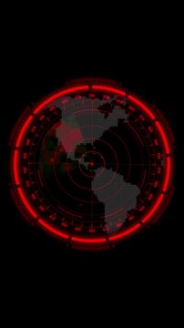 Radar display animation with red pixel map. Radar display global target tracking. Radar display digital technology interface graphic.