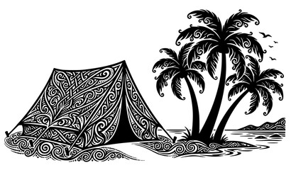 Tropical beach camping tent and palm tree silhouette vector © MstLiza