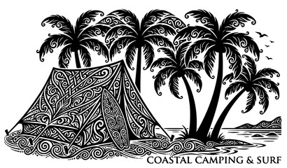 Tropical campsite silhouette with tent and palm trees vector © MstLiza