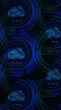Cloud icon animation with circular elements. Blue cloud icon digital data network. Cloud icon technology communication graphic on black.
